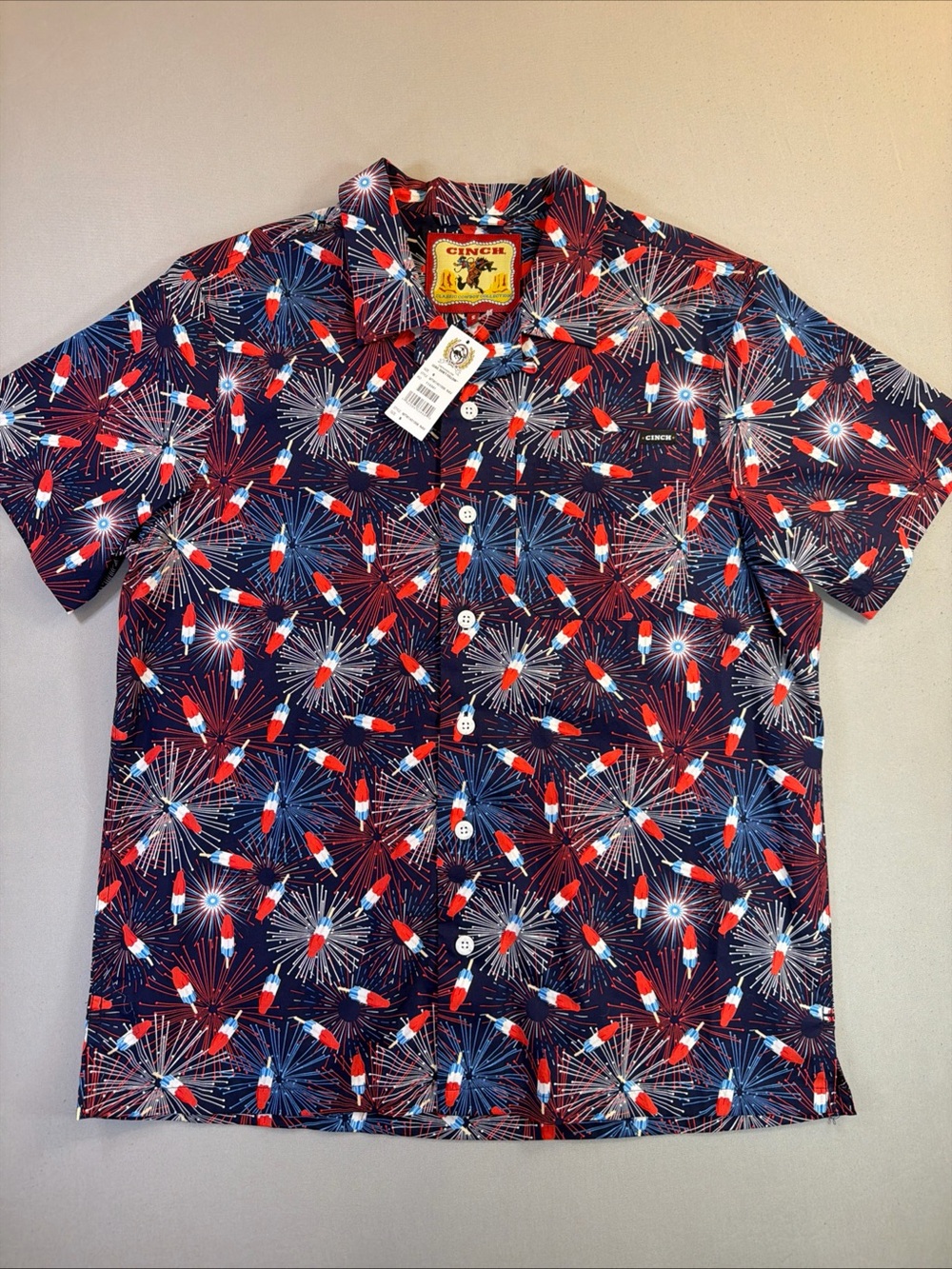 Cinch Navy Short-Sleeve Button Polo with Red & White Rocket Firework Print